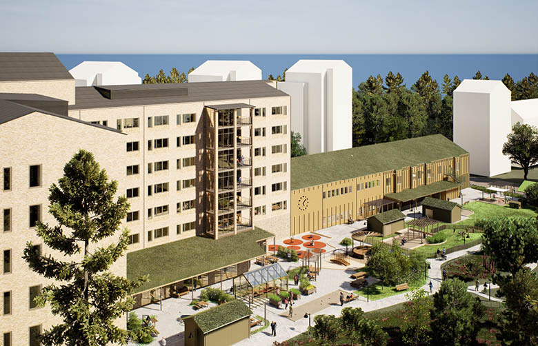 Ett höghus som är sammanbundet med ett lägre hus med en gemensam innergård