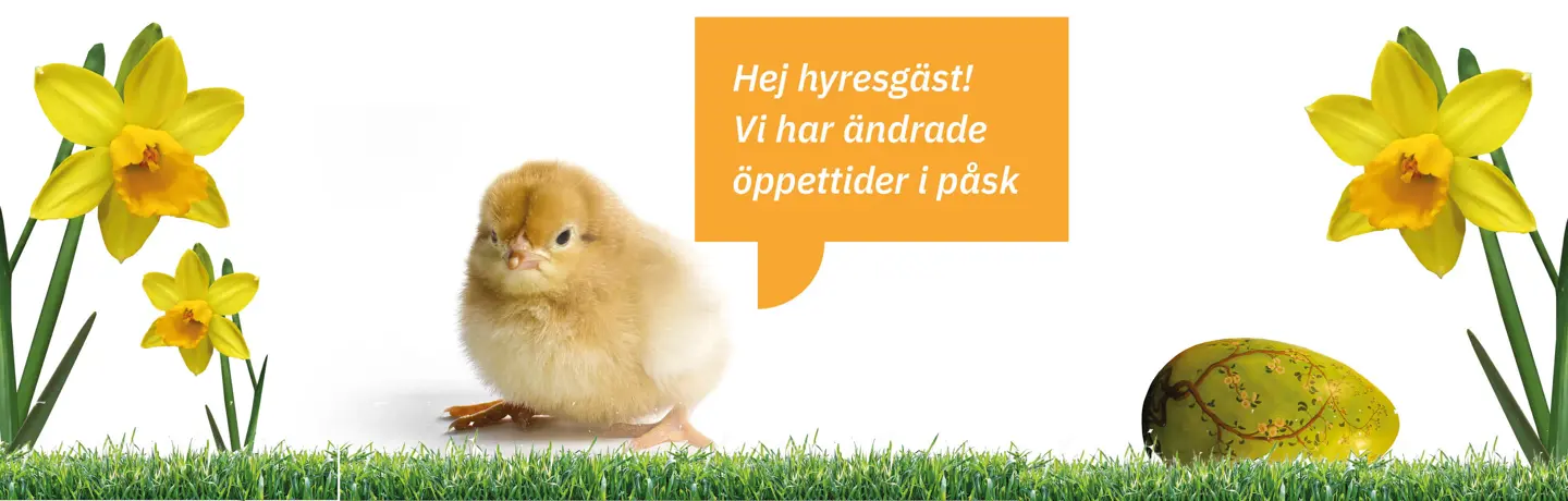 Bild på påskliljor och en kyckling som som i pratbubbla berättar att Eidar har ändrade öppettider över påsken