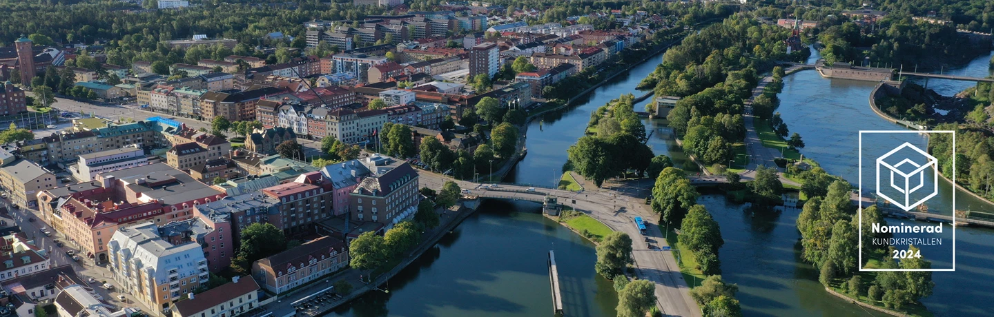 Flygbild över Trollhättans kanal och fall