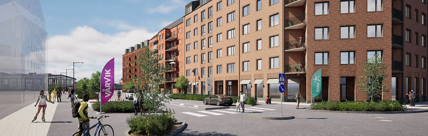 Visionsbild kvarteret Bollträet i Vårvik med tre sammanhängande huskroppar i olika nyanser av rött tegel