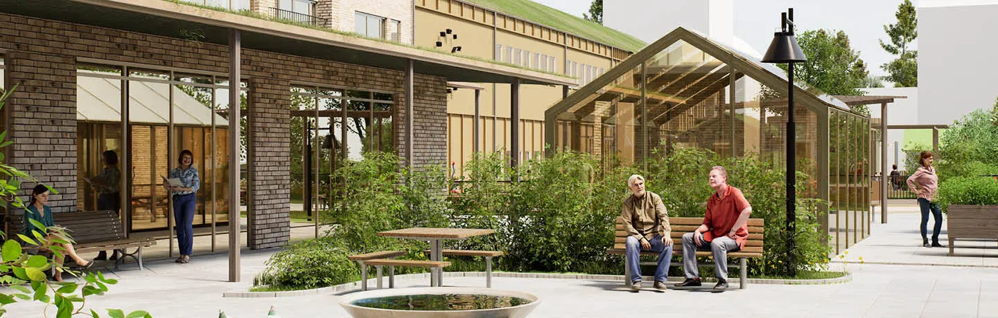 En illustrativ bild av äldre människor som rör sig framför ett nybyggt hus med en grönskande innergård