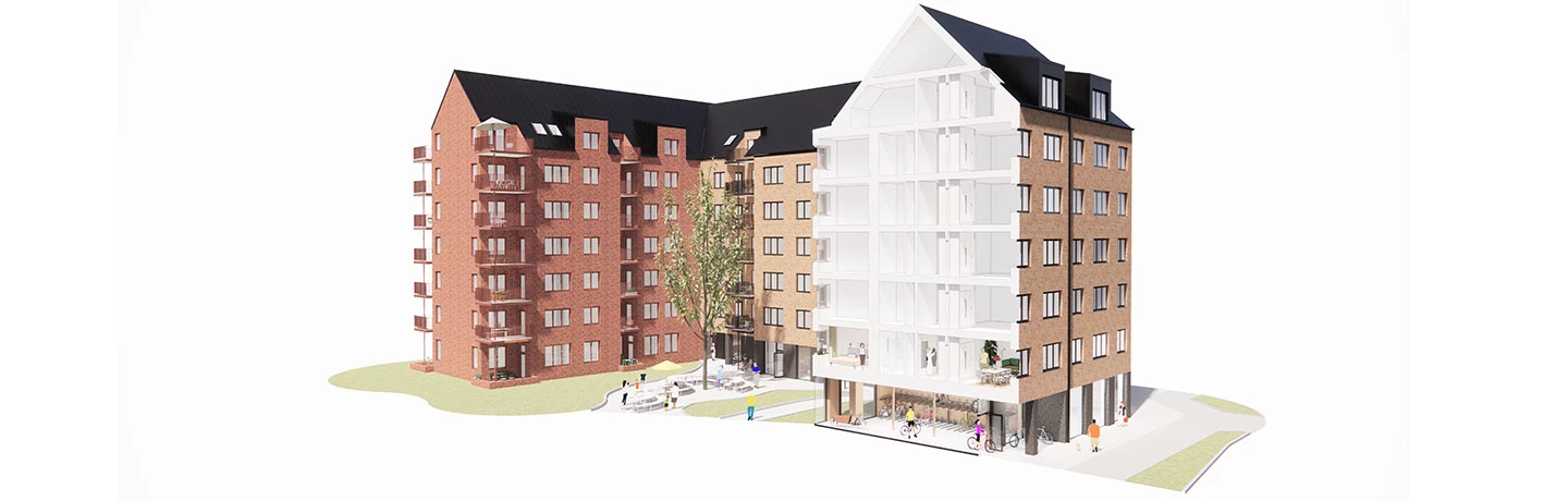 Visionsbild kvarteret Bollträet i Vårvik med tre sammanhängande huskroppar i olika nyanser av rött tegel