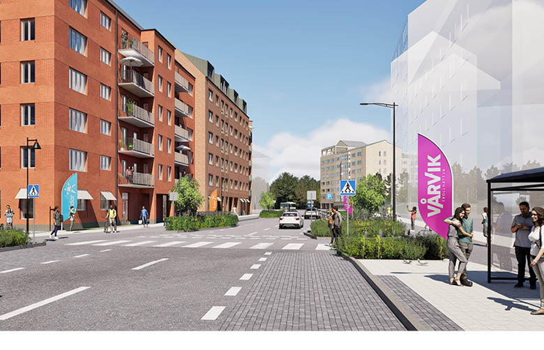 Personer vid en busshållplats med Vårvikskylt. Bakom syns ett rött tegelhus på sex våningar med balkonger