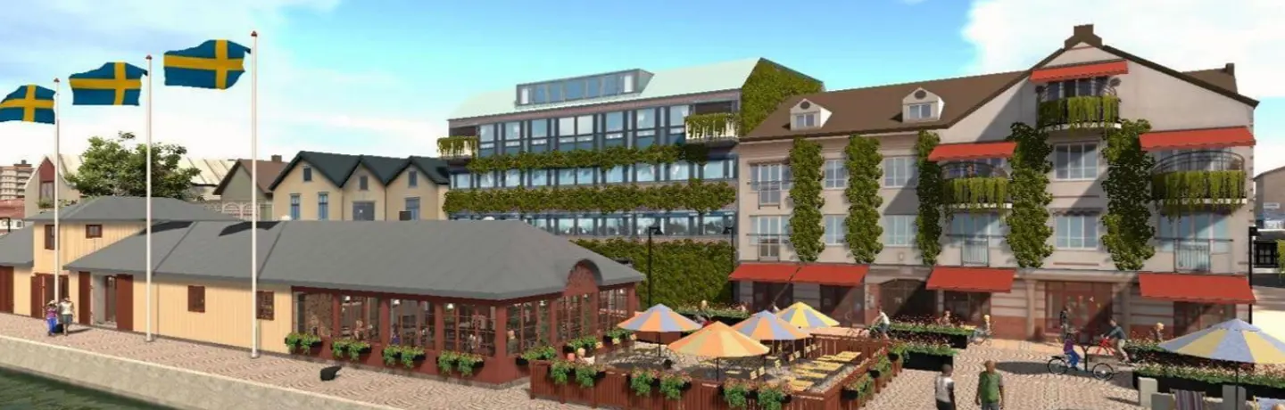 Visionsbild över en framtida restaurang i Hamnkontoret på Strandgatan i Trollhättan