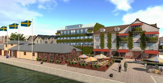 Visionsbild över en framtida restaurang i Hamnkontoret på Strandgatan i Trollhättan