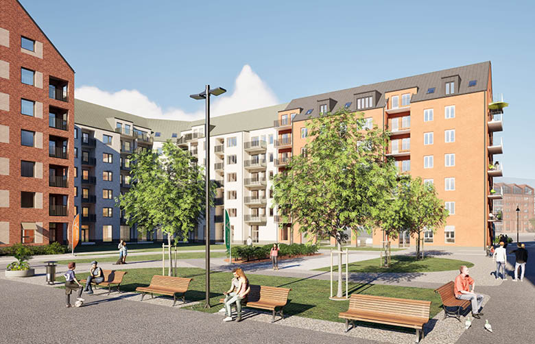 Sexvåningshus i en formation som skapar en innergård emellan sig