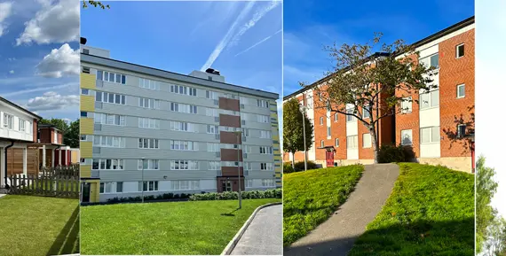 fasader från kvarteren Guldvingen, Spaden och Lantmannavägens höghus